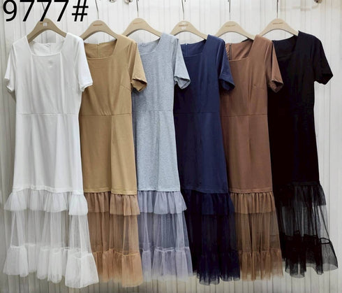Women Square Neck Mesh Twill Long Skirts